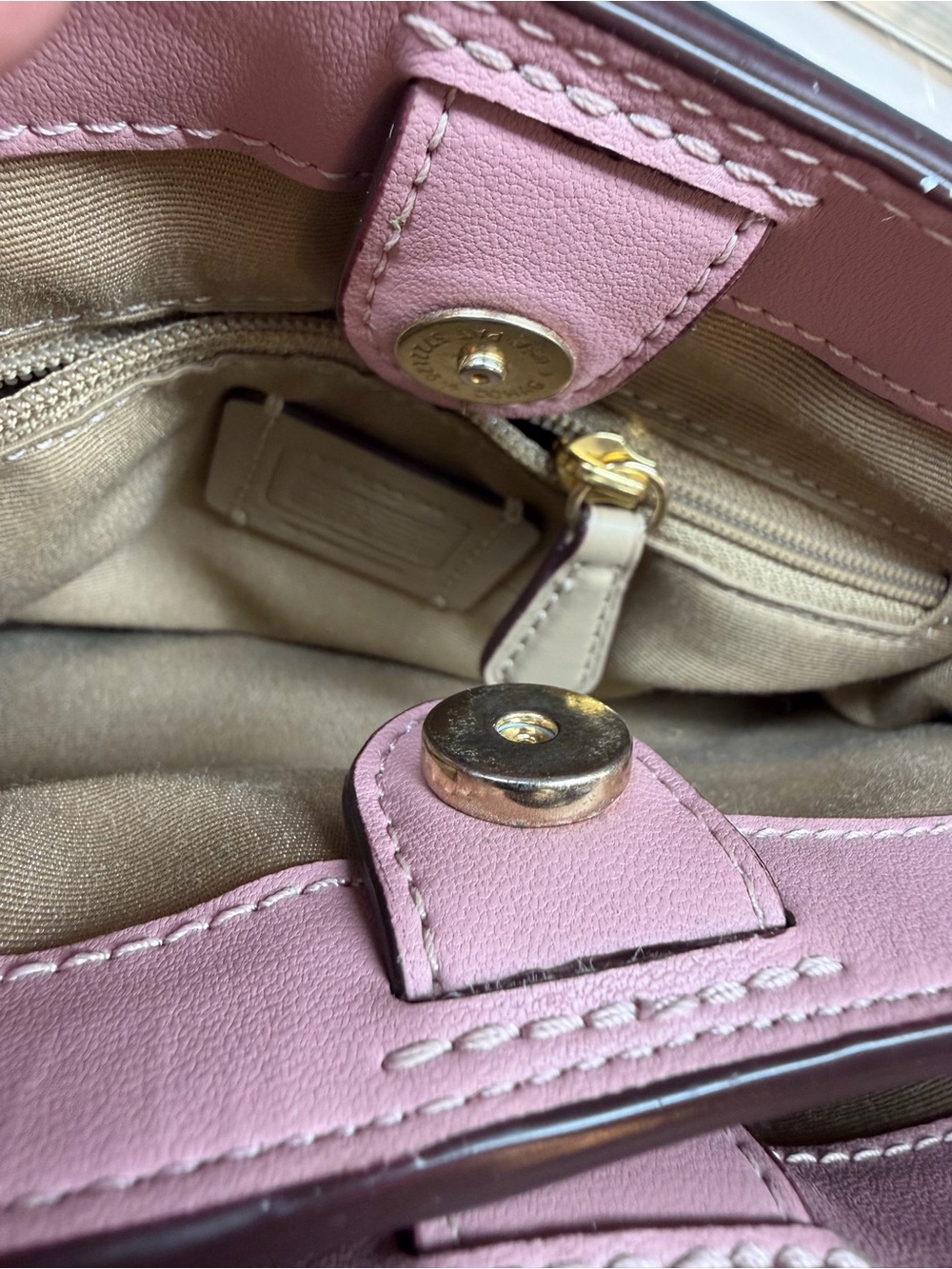 COACH Mini Leather Lane Top Handle Crossbody Purse with Whipstitch Pink Multi - Picture 6 of 7